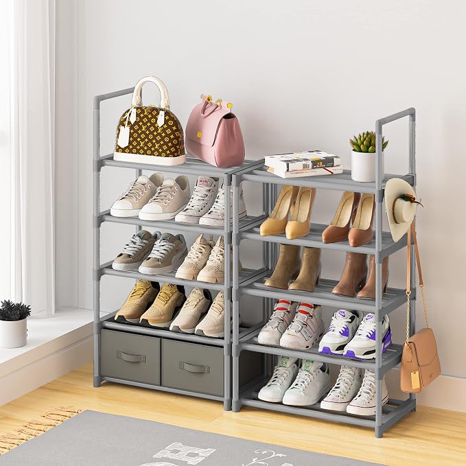 OYREL Shoe Rack Sturdy Metal 10 Tier Shoes Rack Organizer + 2Boxes 1Hook | Narrow Space Saving Shoe Storage Shelf for Closets, Tall Shoe Stand for Entryway, Living Room