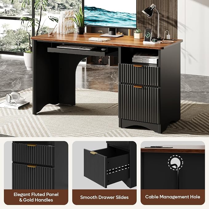 Bestier Computer Desk with Keyboard Tray, 55 inch Office Desk with Power Outlet, Modern Home Office Desk with File Drawer (Walnut with Black, 55" W with Single-Sided Drawers)
