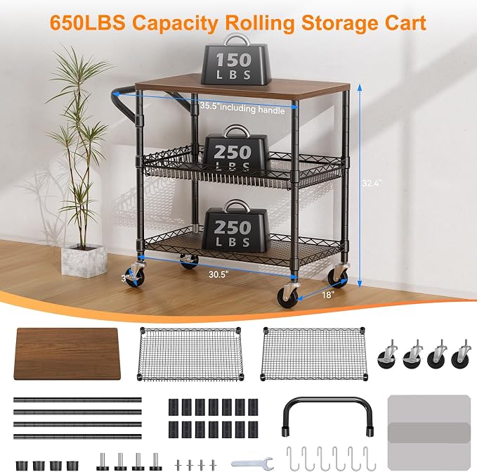NTE Rolling Kitchen Carts on Wheels, 650Lbs Capacity 3 Tier Utility Cart with Wood Tabletop, Kitchen Storage Cart with 8 Hooks, Metal Serving Cart with Handle and Shelf Liners for Kitchen, Black