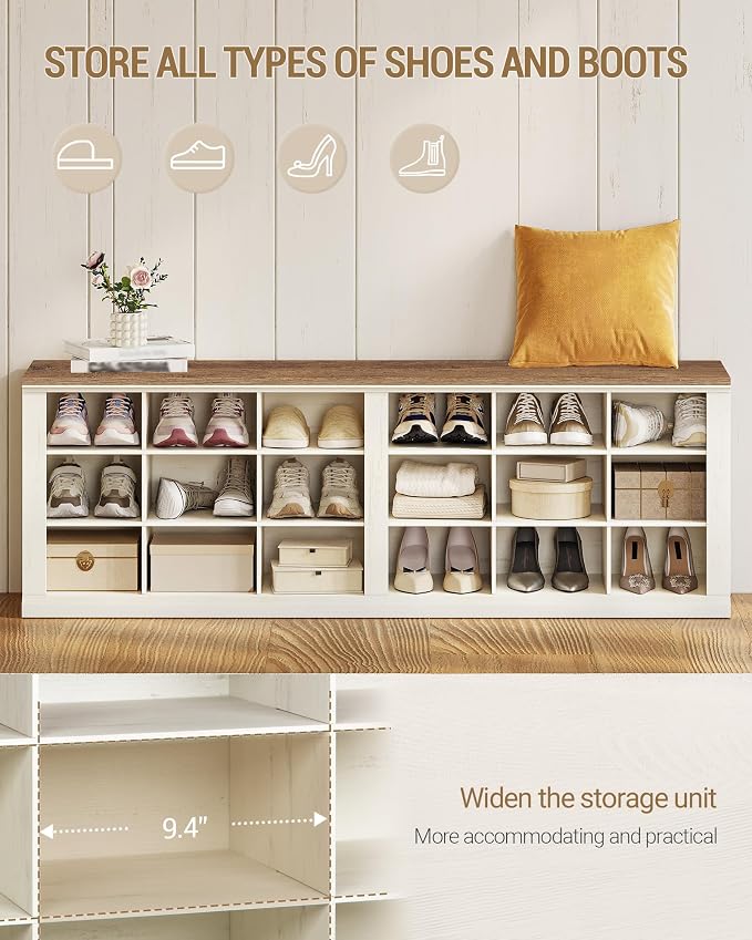 Hzuaneri Shoe Storage Bench, Wooden Entryway Shoe Benches with Cubby | Widened Wooden Farmhouse Shoe Bench with Compartments, Shoe Rack Benches for Cloakroom, Living Room, Antique White SB54514X