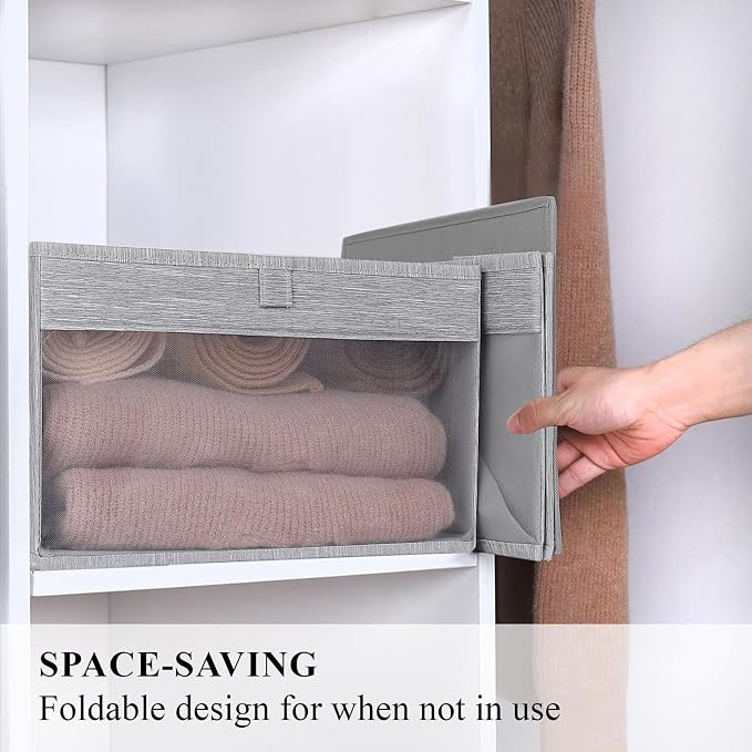 WUIKE Closet Storage Bins with Clear Window, Fabric Organizer Baskets with Handles, Foldable Linen Closet Organizers and Storage for Shelves, Light Gray, Large, 3 Pack