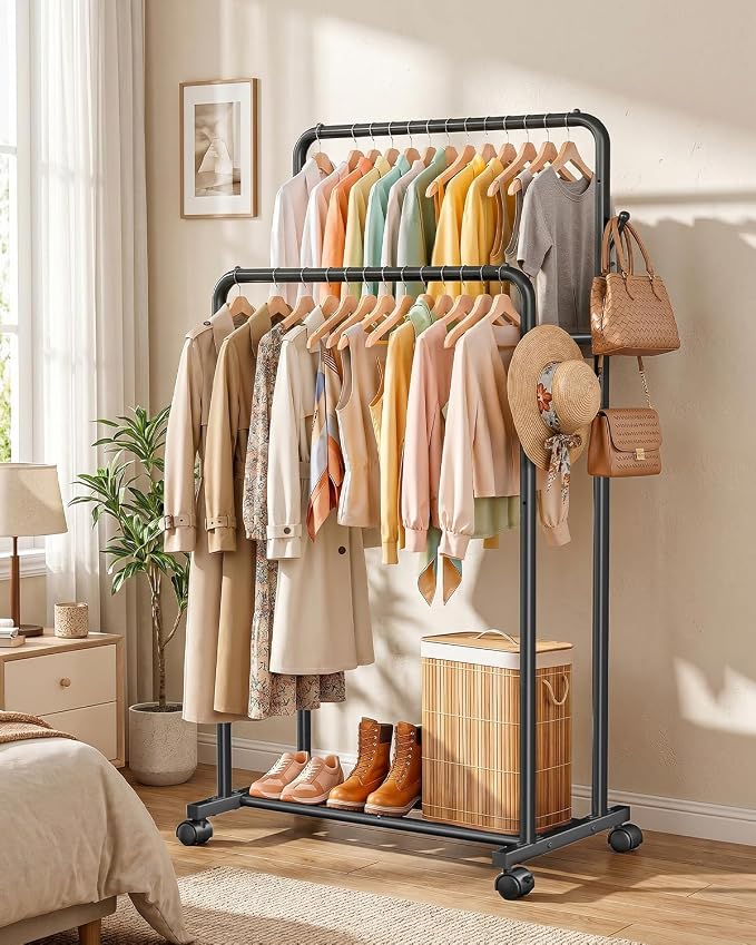 Delamu Clothes Rack Double Rods Clothing Racks for Hanging Clothes with Rolling Wheels, Hooks, Metal Garment Rack, Portable Wardrobe Coat Rack with Shelfs for Bedroom, Laundry Room, Black 65''Hx32''W