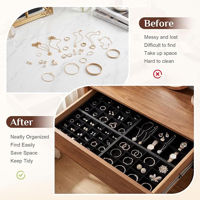 Unittype Set of 4 Stackable Jewelry Organizer Tray for Drawer Inserts Velvet Necklace Earring Bracelet Ring Holder Jewelry Display Storage Box for Bangle Stud Necklace Ring(6/12/15/24 Grid,Black)