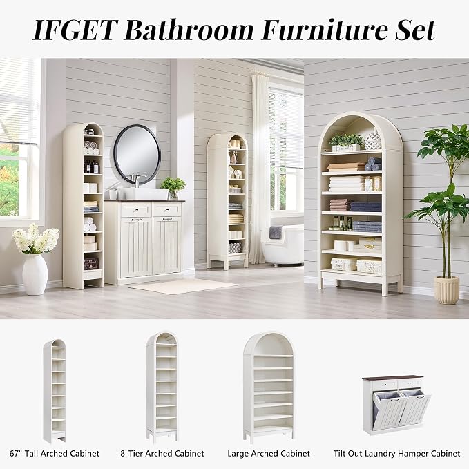 IFGET 71" Tall Arched Shoe Storage Cabinet, 8 Tiers 16 Pairs Wooden Shoe Rack with 3 Adjustable Shelves, Freestanding Shoe Closet Shelf Organizer for Entryway, Hallway, Living Room, Antique White