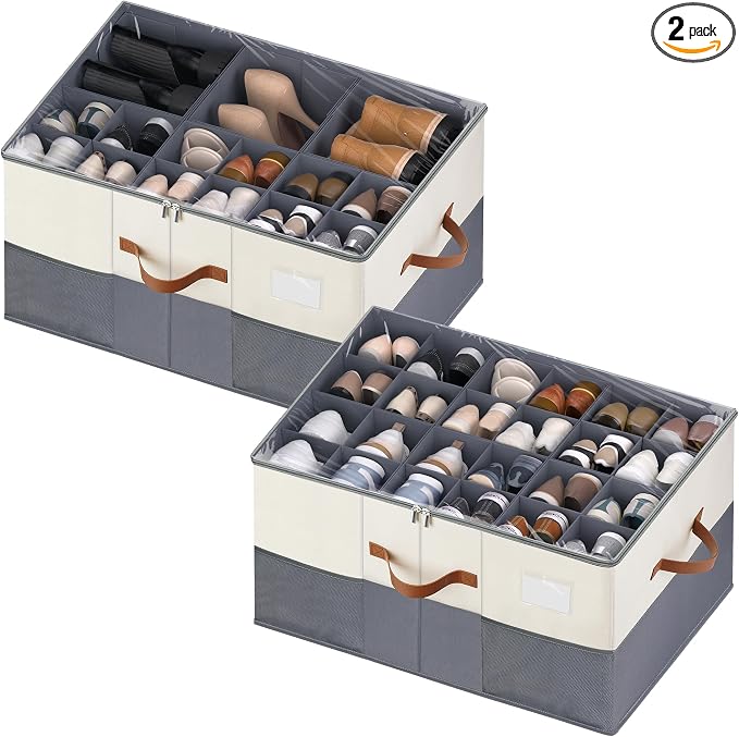 Shoe Organizer for Closet, 2 Pack Shoe Storage Containers with Adjustable Dividers, Space Saving Shoe Box Storage Organizers Bins with Clear Lid & 4 Handles, Fits 24-48 Pairs, Beige & Grey