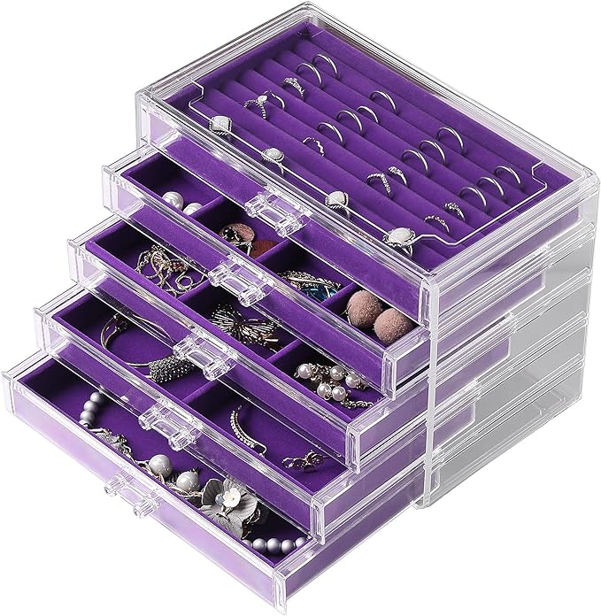 Frebeauty Extra Large Acrylic Jewelry Box for Women 5 Layers Clear Jewelry Organizer Velvet Earring Box with 5 Drawers Rings Display Case Necklaces Holder Tray for Women Girls(Purple) | Jewelry Storage for Rings Earrings Bracelets,Dustproof,Velvet Lini...