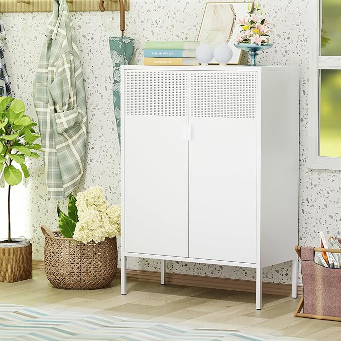 Washsemba 2 Mesh Door Metal Storage Cabinet with Adjustable Shelves, Multipurpose White Storage Cabinet, 3-Tier Office Cabinet,Metal Storage Cabinet for Office Home,Hallway (White, 47''H)