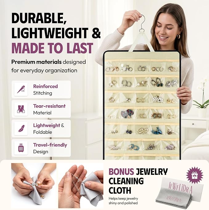 Hanging Jewelry Organizer 34.7 x 17.2 inches XL Size with Clear Pockets & Hooks – Double-Sided Necklace, Earrings & Rings Storage Holder – Space-Saving Closet Organizer for Women