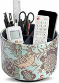 Round Leather Art Supply Organizer,Remote Control Holder,360 Degree Spinning,Multi-Functional Pencil Holder,4 Compartments Desktop Stationary Organizer(1-Green Bird)