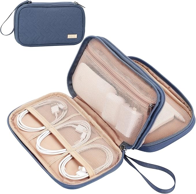NISHEL Electronics Travel Organizer Cord Case, Charger Cable Tech Bag | Double-layer bag keeps chargers, cables, flash drive, and small tech essentials organized for trip, Medium, Aegean-Blue
