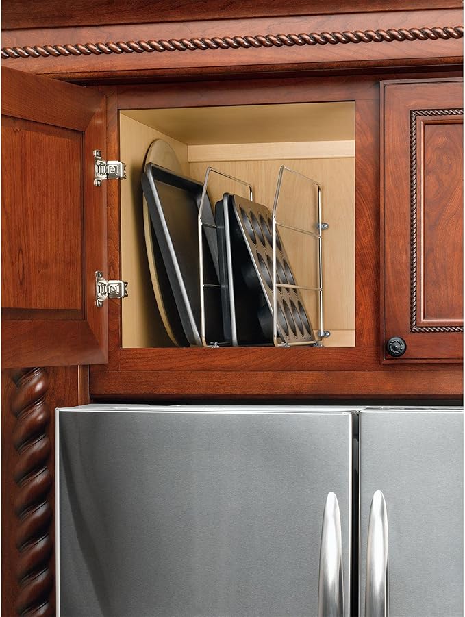 Rev-A-Shelf 12" Bakeware and Tray Divider for Wall/Base Cabinets, Baking & Cookie Sheet Organizer, Min Opening Width of 3", Chrome, 597-12CR-2-1