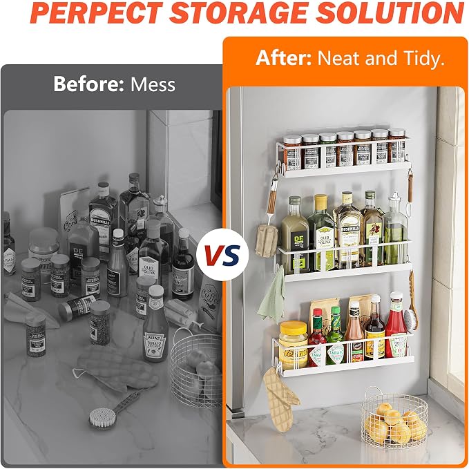 Bunoxea Spice Rack Wall Mounted 3 Pack,RV Spice Rack,White | 12 Built-in Hooks,3 Versatile Sizes, Space-Saving,Flat Base, Screw or Adhesive, For Kitchen Cabinet, Pantry Door,Stove,RV