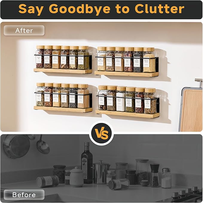 4-Tier Wall Mount Spice Rack Organizer with 24 Glass Jars, 216 Labels & Funnel - Screw/Adhesive Mount, Black Metal & Bamboo Spice Storage for Kitchen Pantry Cabinet, 11.6”W x 2.4”D x 3.2”H