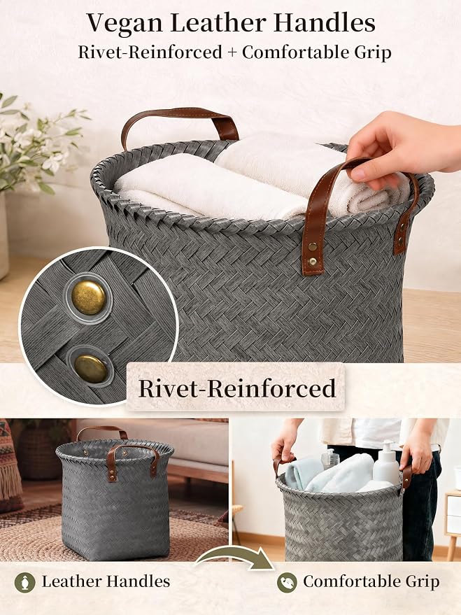 Hand Woven Baskets for Storage, 4Pcs Water-Resistant Wicker Baskets, Grey Wicker Storage Baskets for Shelves, Large Basket with Handle for Organizing, Closet, Laundry, Blanket - Round