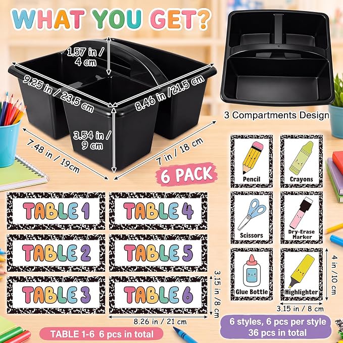 Hushee 6 Pcs Classroom Caddy Plastic Stackable Caddy Organizer with Handle 3 Compartment with 42 Label Portable Craft Basket Organization Storage for Desk Teacher Office School Supplies(Black)
