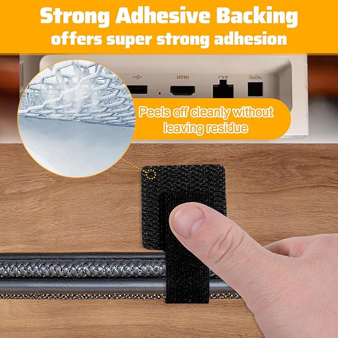 Bewudy 80 Pcs Hook and Loop Cable Straps, Self Adhesive Hook and Loop Cable Ties, Cables Management Wire Organizer Under Desk, Cord Organizers for Desk Home Office Essentials(Black)