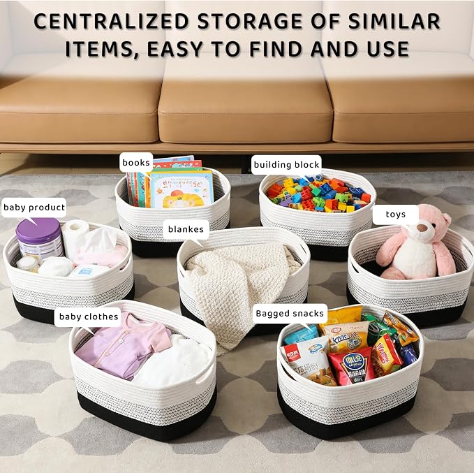 4 Pack Storage Baskets for Organizing, 11''Lx9''Wx8''H Woven Baskets for Storage Toys, Towels, Books, and Clothes, Cotton Rope Basket for Shelves with Handle White & Brown