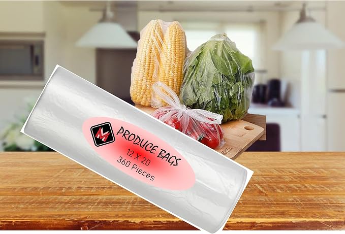 Mr Miracle Plastic Produce Bags for Food Storage - 12"x20" Clear Grocery Bag for Fruits, Vegetables, Bread - Easy Peel-Off Design, Continuous Roll, 1.75" Core, Pack of 360 Bags [1 roll]