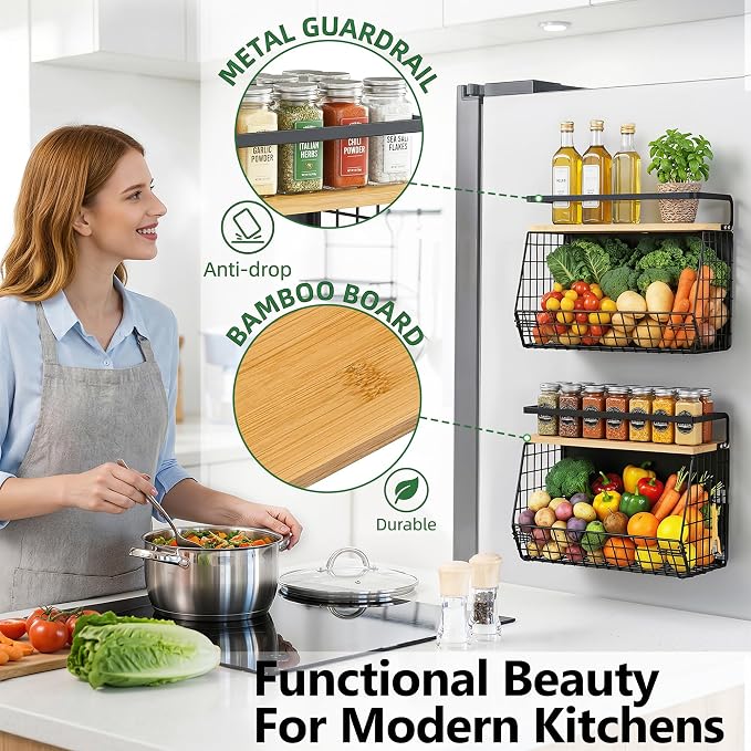 Magnetic Shelf for Fridge with Wood Lid, Fruit Potato & Onion Storage Bins, Magnetic Spice Rack for Refrigerator Pantry Organizer & Storage, Large Container for Refrigerator, Kitchen Counter & Laundry
