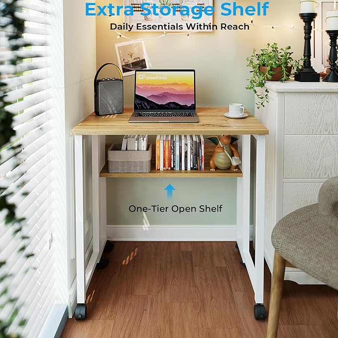 GreenForest Folding Desk with Wheels, 31.5" Rolling Table for Small Spaces | Storage Shelf, Lockable Casters, Compact Portable Workstation, Space-Saving Foldable Sofa Table, Home Office, Mobile, Oak