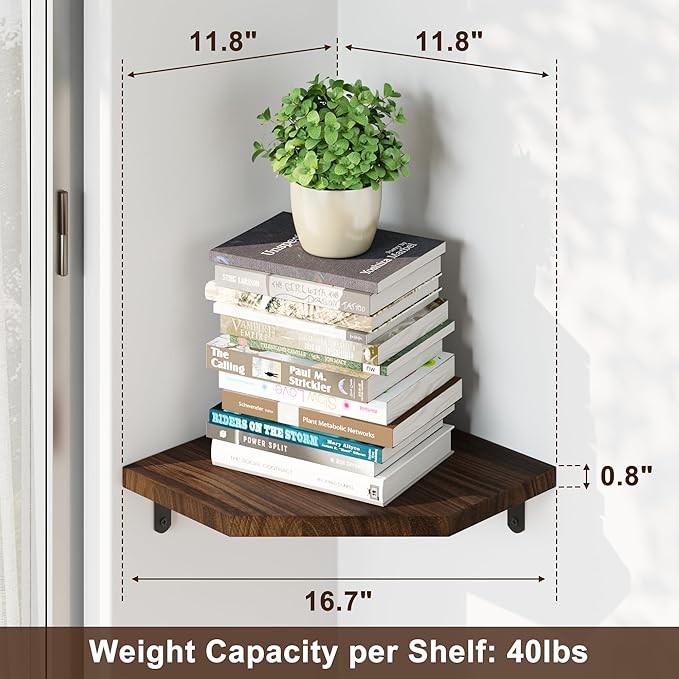 Alsonerbay Pine Wood Corner Shelves with Cord Hole 3-Pack, Carbonized Black | Diamond-shaped, cable management, 40 lbs/shelf, 0.79" thick pine, L-shaped metal brackets, for router & media devices