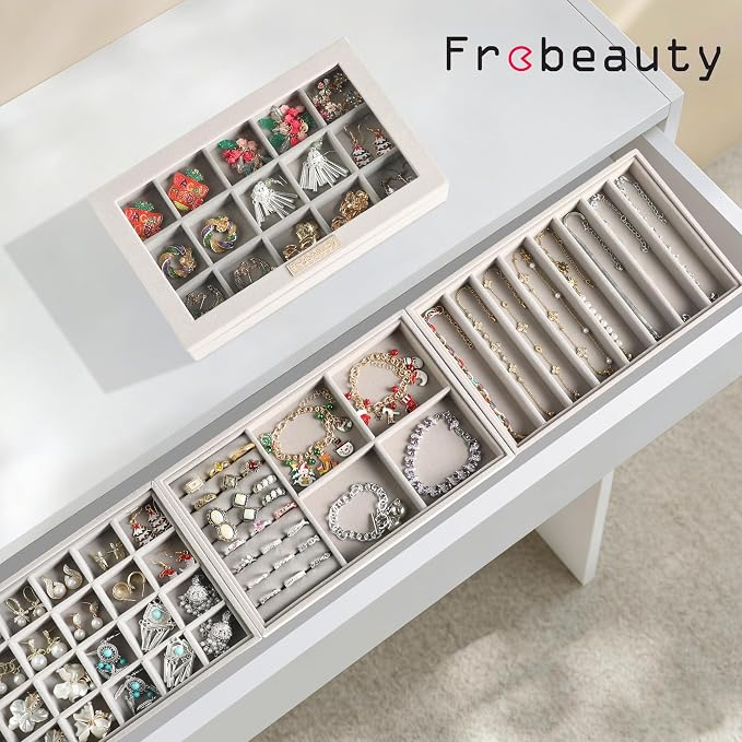 Frebeauty Stackable Jewelry Trays,Set of 4 Jewelry Organizer for Drawer | Glass Lid,Removable Dividers,Real Stackable Design,Velvet Material,Drawer Inserts,Jewelry Box for Earring Rings and Necklace