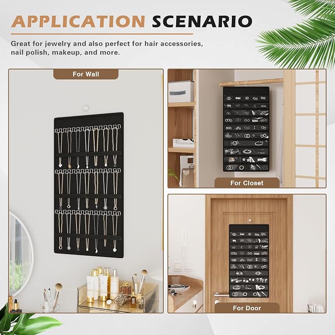 Hanging Jewelry Organizer, Double-Sided Necklaces Holder, Black | 42 clear pockets organize rings & earrings; 36 wire necklace hooks reduce tangles; top hook hangs in closets, walls or doors.