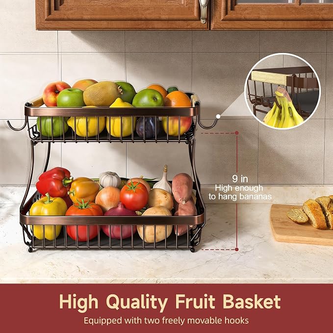 Sevenblue 2-Tier Fruit Basket with Banana Hangers, Detachable Metal Bowl | Wooden handle, protective mats included. Versatile holder for bread, snacks, and veggies. Extra Large 2 tier metal design.