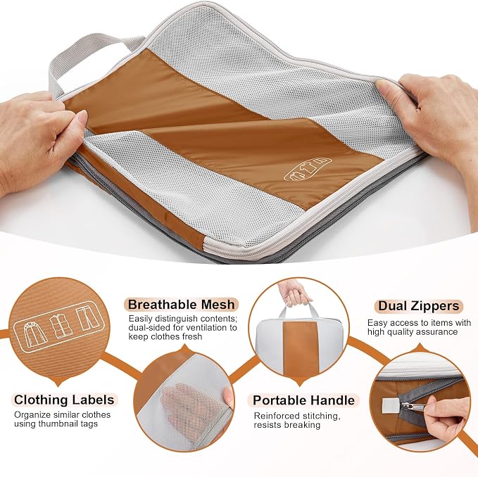 OlarHike 10 Set Compression Packing Cubes for Travel Essentials,Compressible Expandable Space Saver Bags for Organizing Clothes,Luggage Suitcase Garment Bags with Over 1000 pcs Mesh Holes(Brown)