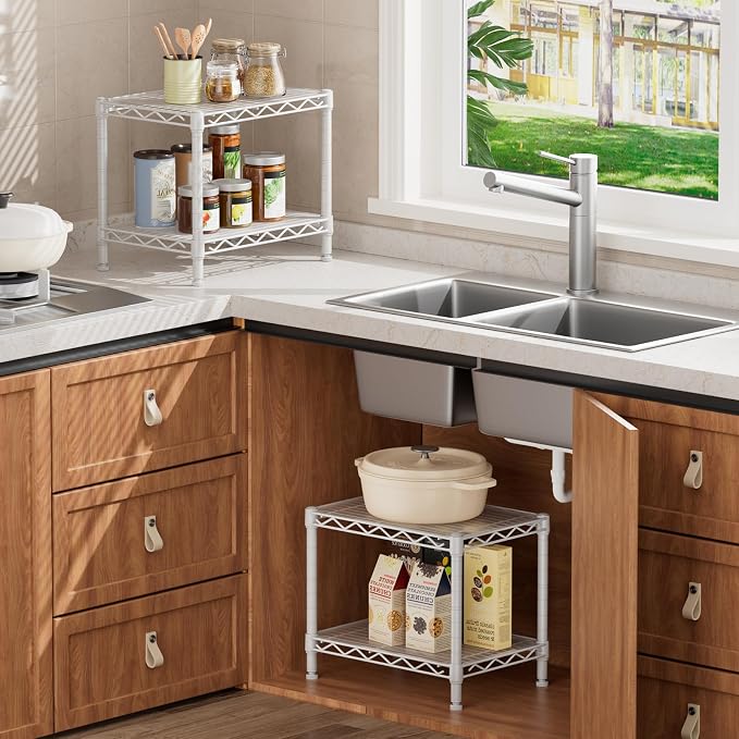 SINGAYE Small Shelves Kitchen Storage Shelf Wire Shelving Metal Adjustable | 2 Tier Shelf Organizers Storage Shelving Unit for Office Pantry Laundry Bathroom Closet Home 11.6" D X 17.6" W X 12" H White