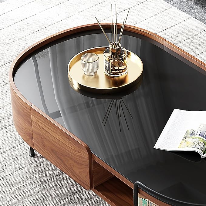 Lartis Oval Coffee Table in Walnut Black Glass Top Coffee Table - Living Room Table with Semi-Circular Storage,Multi Functional Marvel for Modern Living Room