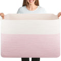OIASKET 108L Cotton Rope Storage Basket for Living Room and Bedroom 25"x16"x16" Woven Laundry Basket, Heavy Duty Bin for Blankets, Pillows & Toys, Pet-Safe & Scratch-Free, Pink and White