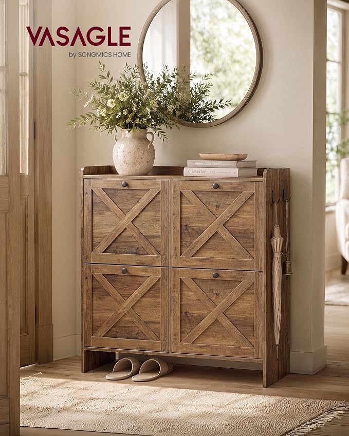 VASAGLE Shoe Storage Cabinet Organizer with 4 Flip Drawers, Freestanding Narrow Shoe Rack Cabinet for Entryway, Farmhouse Style, Fits 14 to 16 Pairs, Warm Earth Brown UHSC403KB01