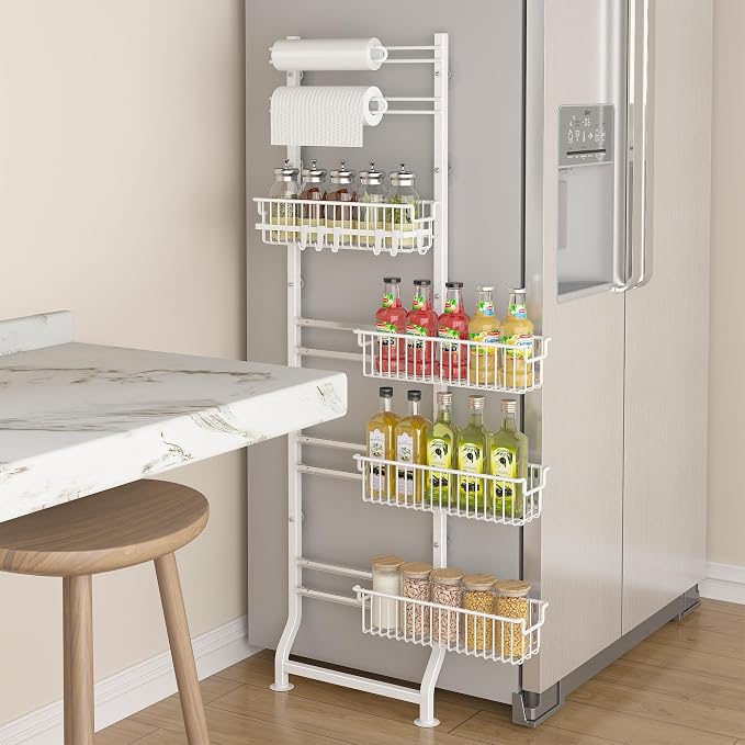 BUKFEN 6-Tier Slim Corner Shelf, Spice Rack Next to Fridge Slim, Narrow Storage Cabinet Organizer for Kitchen,Bathroom，White