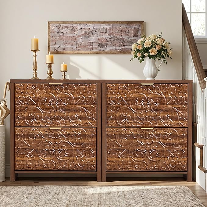weselon Flip Drawer Shoe Cabinet Set of 2, Narrow Shoe Storage Cabinet, 2-Tier Hidden Shoe Organizer with Carved Floral for Entryway, Slim Shoes Storage for Hallway Foyer (2, Walnut)