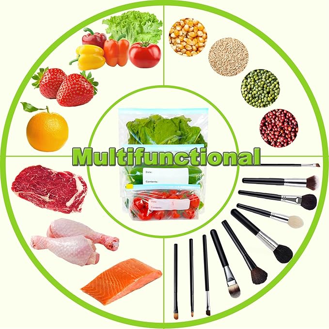 100 Pcs Food Storage Freezer Bags, 3 Sizes Zip Lock Bags, Reusable Ziplock Bags Sandwich Bags with Expandable Bottom, Heavy Duty Zip Seal Food Bags for Fruits, Vegetables, Meat, Grains, Snacks