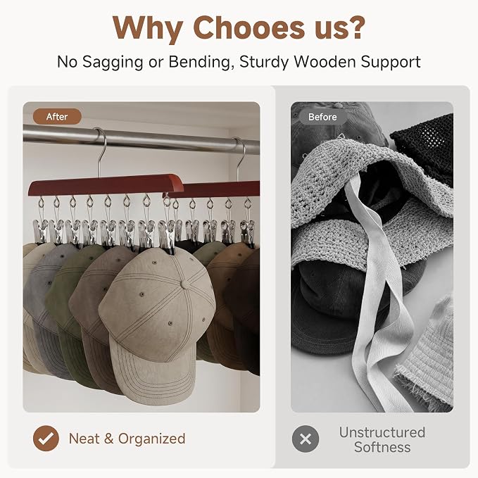 StorageWorks Hat Organizer 2 Pack, Cherrywood Cap Hanger Rack with 10 Clips
