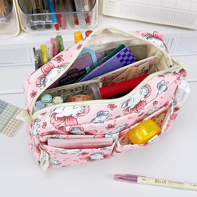 Portfolio Organizer with Multiple Pockets, Waterproof Travel Zippered Cosmetic Bag, Portable Storage Bag for Notebooks, Stationeries, Make-up, Journal Office Art Supplies.Petal Cat