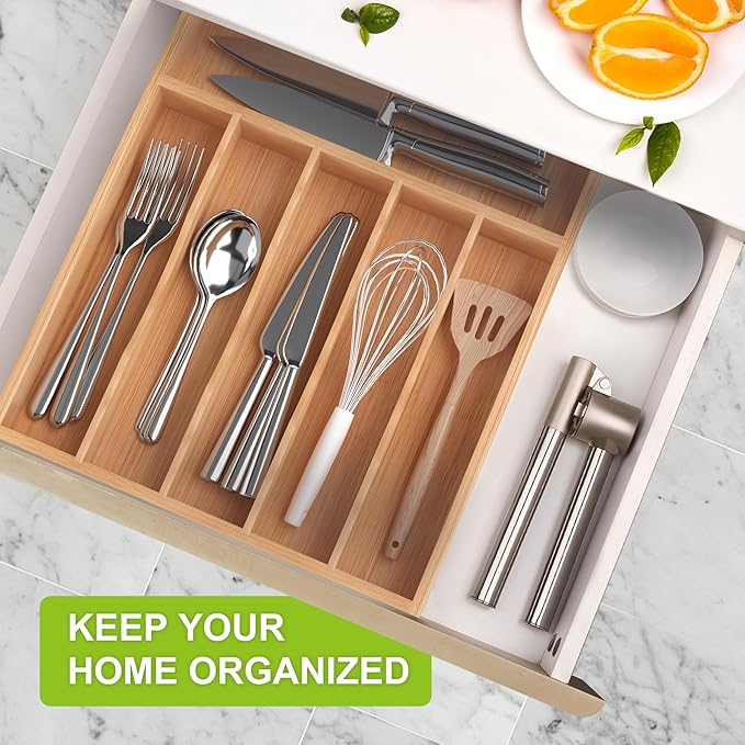 Unibambou Bamboo Utensil Drawer Organizer, Silverware Tray Organizer, Kitchen Drawer Organizer for Flatware Cutlery, Silverware Tray for Drawer (Natural, Large 12x16.5 Inch)