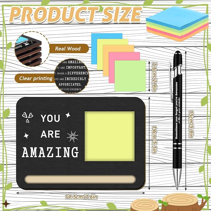 Kosiz 10 Set Back to School Teacher Gifts Wooden Sticky Note Holder with Notes and Ballpoint Pens Inspirational Sticky Notes Sets for Teacher Back to School Party Supplies, Black