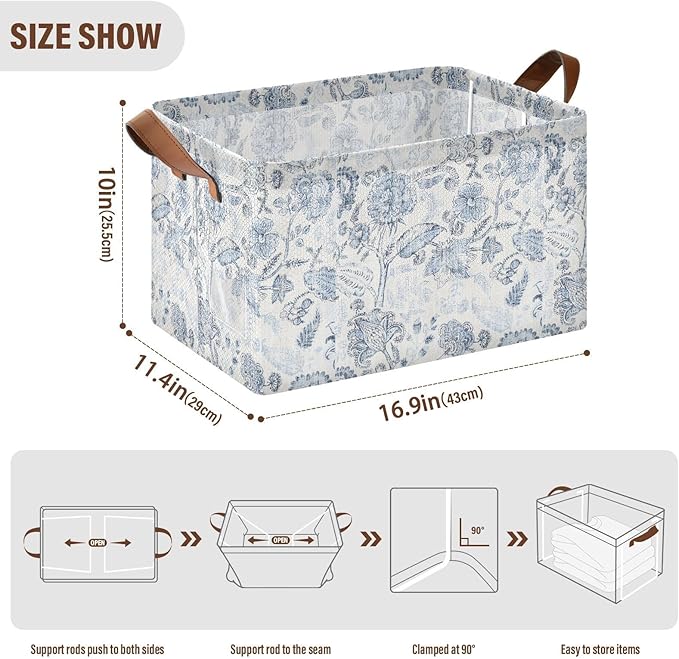 Vintage Blue Floral Rustic Retro Ethnic Storage Bins for Shelves with Labels&Handles Fabric Organizer Bin Foldable Rectangle Storage Basket Boxes for Closet, Bathroom, Home, Living Room