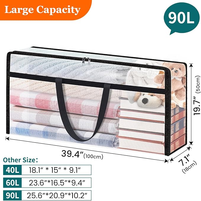 TasticTotes 4 Pack Clear Storage Bags for Comforter, 90L Long | Plastic Blanket Storage with Zipper & Handle, Foldable Moving Bags, Closet Organizer and Under-Bed Storage Containers