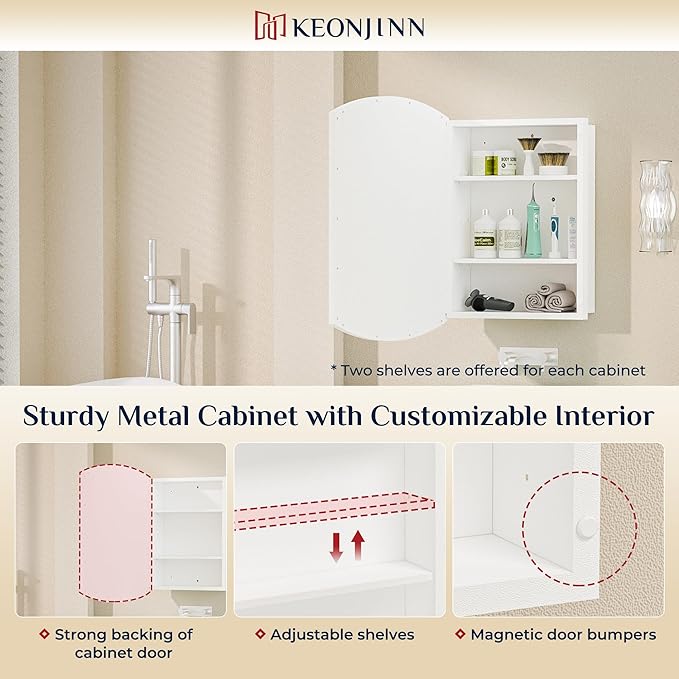 Keonjinn White Medicine Cabinet with Mirror 24” x 30”, Metal Framed Wall Cabinet with Beveled Mirror, Surface Mount or Recessed Medicine Cabinet for Bathroom, Bathroom Mirror with Storage