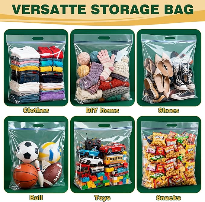 TUXIYA 20 PACK Extra Large Storage Bags, 10 Gallon 24"x20"x7", Resealable Clear Bags with Handle, XL Heavy Duty for Clothes Travel Moving, Double Zipper Seal, Expandable Bottom, Thick 8 Mils