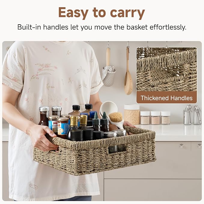 StorageWorks Pantry Baskets, Wicker Storage Baskets for Organizing, Shelves, Pantry Organizers and Storage, Seagrass, 15¼"L x 11¾"W x 4 ¾"H