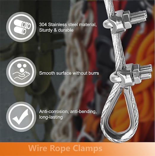 8 Pcs M12 Cable Clamps,Wire Rope Clamp,4 Pcs 1/2" Thimble | Stainless Steel Smooth Rods for Industry, Metal Working Hobbies and DIY Craft