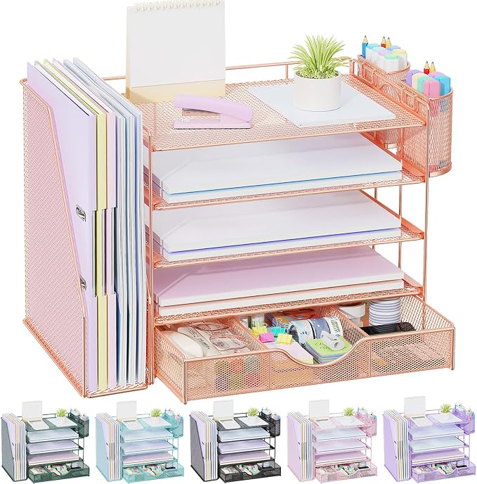 gianotter 5-Tier Desk Organizer with Drawers, File Holders, Letter Trays and Pen Holders - Workspace Accessories for Office Supplies (Rose Gold)