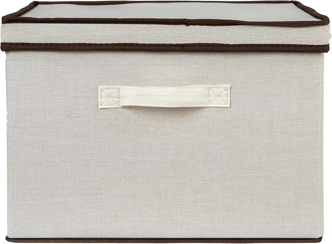 Household Essentials Square Storage Box with Lid in Breathable Canvas Sides with Sturdy Base and Convenient Handle, Natural with Brown Trim