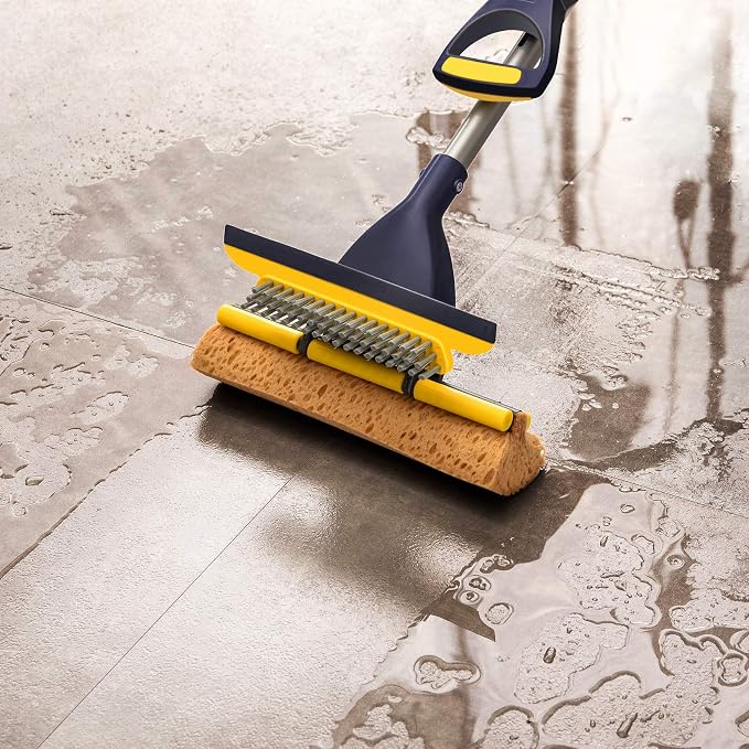 Yocada Sponge Mop Home Commercial Use Tile Floor Bathroom Garage Cleaning | Total 2 Sponge Heads NOT 3 Telescopic Handle Squeegee from 42.5 to 52 Inches Easily Dry Wringing only 2 Heads