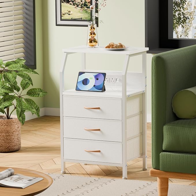 Furnulem Night Stand with Charging Station, 28.3 Inch Tall Bedside Table with PVC Drawers, End Table with USB Ports and Outlets, 3 Fabric Drawer Storage Nightstand for Bedroom, 3 Ways to Use, White | 28.3 Inch Tall Dorm Night Stand with fabric Drawers,...